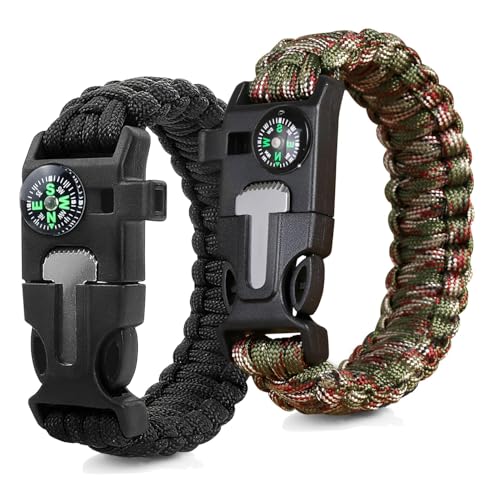 Bracelet de Survie en paracorde 2 pièces, 5-en-1, Corde 3,5 m - Pierre à feu, Boussole, sifflet, Mini Couteau - Ajustable Outdoor Camping, randonnée,...