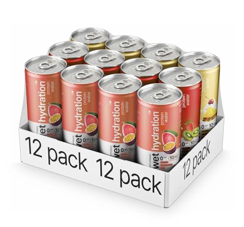 Image of Wet Hydration Protein Water Variety Pack | Functional Electrolyte Drink with Clear Whey Protein & BCAAs - Passion Guava, Pineapple Whip, Kiwi Strawberry (12 fl. oz. Cans, Pack of 12) | Zero Sugar, 10g Protein, Low Calorie, Magnesium, L-Theanine, Functional Hydration