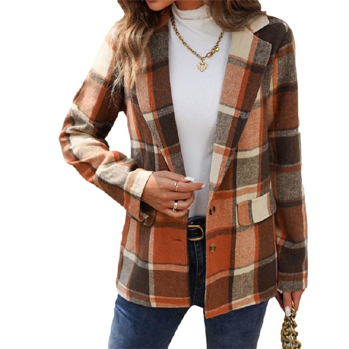 Womens Plaid Wool Blend Business Jacket Notched Lapel Blazer Dressy Casual Lightweight Pea Coat Button Up Jackets Office Wear