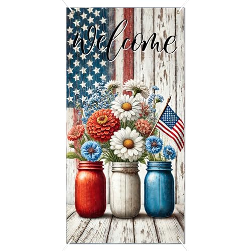 Image of BlissYard Patriotic Welcome Door Cover 71x35 Inch 4th of July Front Door Cover Decoration American Flag Floral Door Banner Red White Blue Daisy Independence Day Porch Door Cover