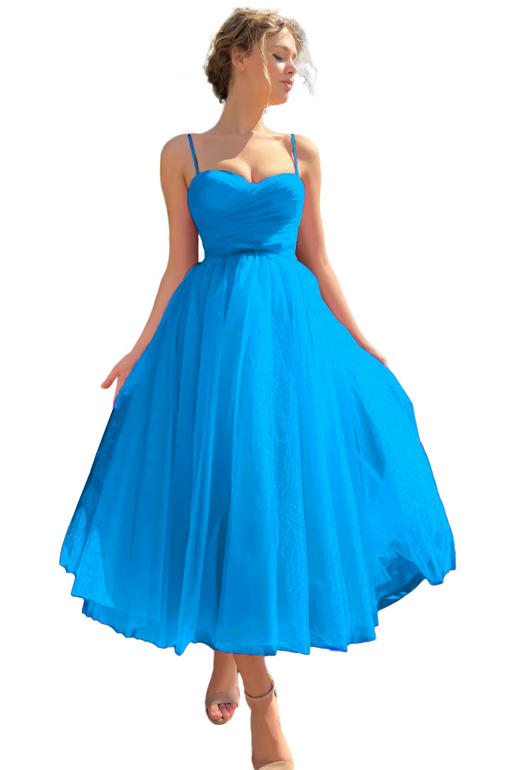 Sevintage Spaghetti Straps Tulle Prom Dress Tea Length Formal Party Evening Dress with Pockets