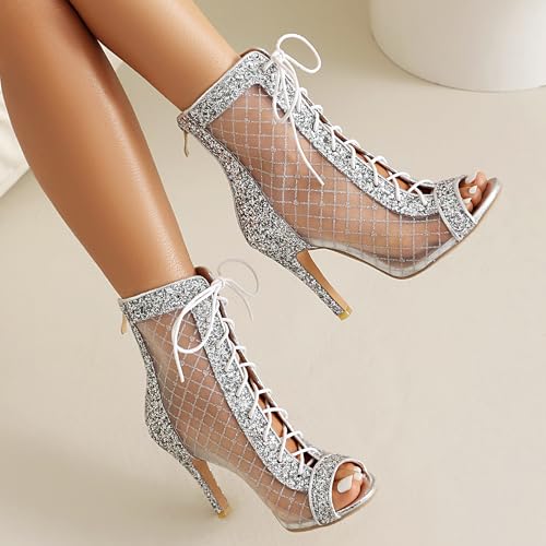 Image of Women's Lace Up Dance Heels Open Toe Mesh Sparkling Sequin Booties Peep Toe Stiletto High Heel Dance Shoes