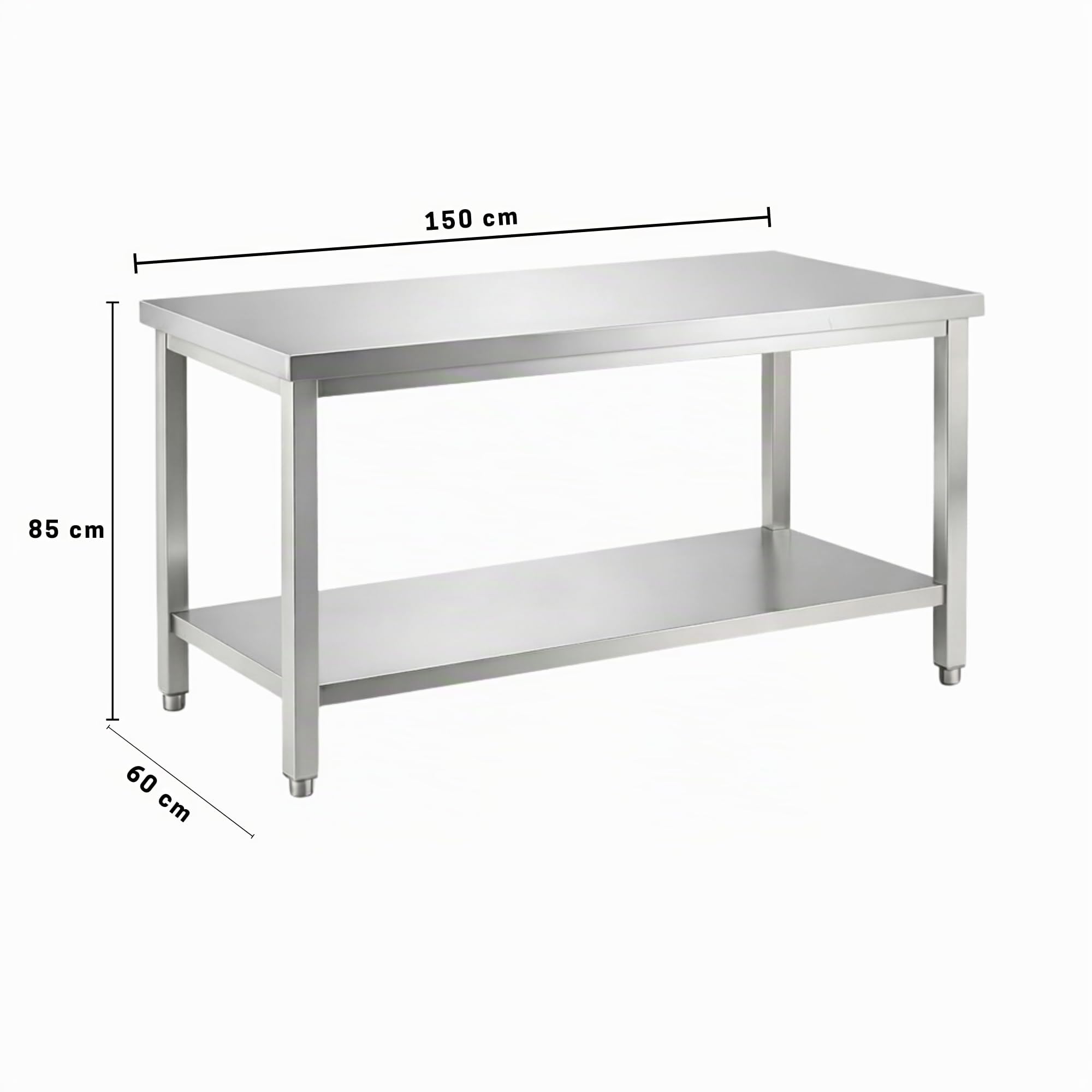 Mesa de Trabajo de Acero Inoxidable AISI 304 para Preparación de Alimentos, Mesa Industrial Profesional con Estante Inferior y Patas Regulables, Cocina y Hostelería (1500 x 600 x 850 mm)