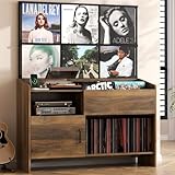 Gyfimoie Large Record Player Stand with Vinyl Storage, Record Storage Cabinet with Charging Station, Record Player Table Holds Up to 500 Albums, Mid-Century Turntable Stand for Living Room, Walnut