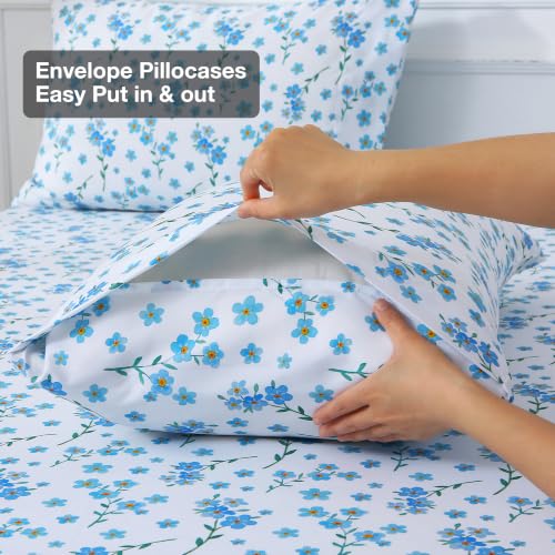 Image of Viviland Floral Full Sheet Set - 4 Piece Country Fresh Blue Flower Patterned Bed Sheets - Soft, Breathable Microfiber Sheets with Deep Pocket, Non-Slip Fitted Sheets & Pillowcases
