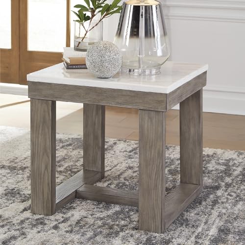 Image of Signature Design by Ashley Loyaska 24-Inch Square Marble End Table, Sturdy Trestle Base, Oak Veneer and MDF Substrate, Ideal for Living Room, Grayish Brown