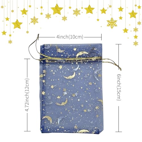 Image of YHJZ 100PCS Moon Star Organza Bags, 4x6 inches (10x15cm) Small Mesh Bags Drawstring, Jewelry Gift Bags for Wedding, Party, Festival (Blue)