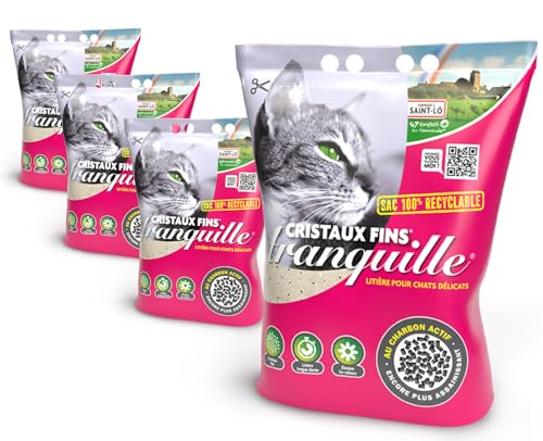 Tranquille - Litière pour Chat Silice Cristaux Fins + Charbon Actif – Ultra Absorbante & Anti-Odeur – Lot de 4 x 3,70L – Litière Hygiénique sans Poussière –...
