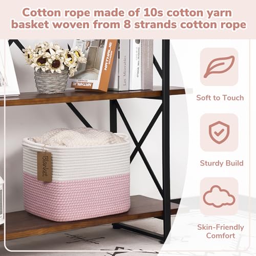 Image of Goodpick Woven Rope Storage Basket for Shelves, Rectangle, Pink & White