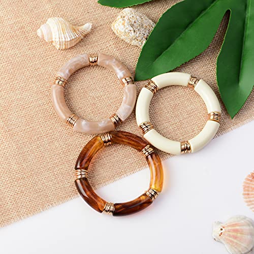 GOOJIDS Simple Beaded Gold Bangles Bracelet Chunky Bamboo Tube Curved Stacking Clear Acrylic Colorful Beads Stretchable Gold Bracelets Set For Women4
