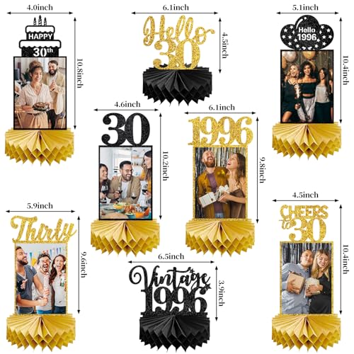 Image of Eucutur 8Pcs 30th Birthday Decorations Honeycomb Centerpieces for Women Men, Black Gold Vintage 1996 30th Bday Photo Table Centerpieces Party Supplies, Glitter Cheers to 30 Year Old Bday Table Topper