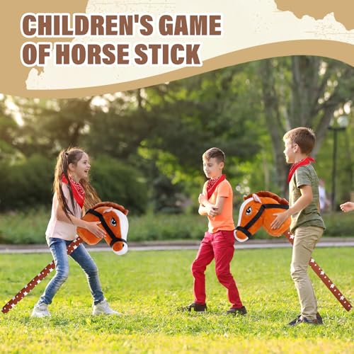 Image of Poen 4 Pack Light Brown Horse Stick with Sound Red Bandana Set 27.6'' Toys Stick Horse Western Cowboy Bandana Head with Neighing Sound for Boys Girls Fun Pretend Games Son Daughter(Brown and Red)