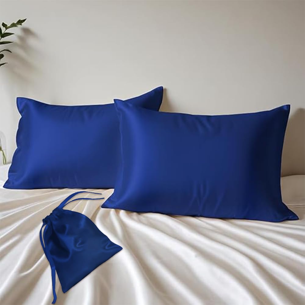 Layers Micro Satin Silky Pillow Cover Set & Drawstring Pouch (Pack of 2) | Durable Satin Pillow Cover with Envelope Closure | Luxury Satin Pillow Covers |Cozy Micro Satin Pillow Covers - 85 GSM, Blue