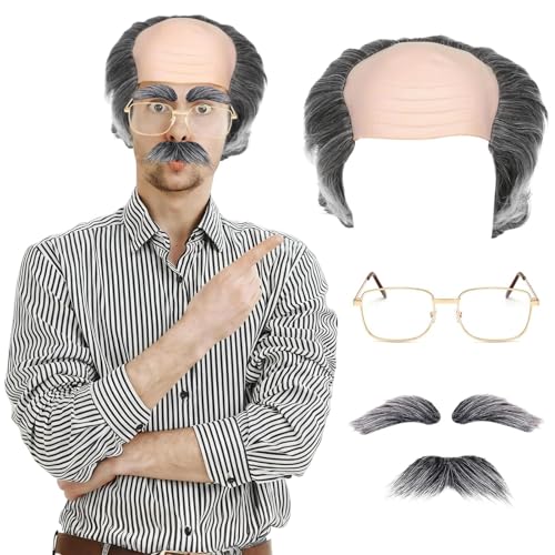 WOZUTUNT Old Man Wig Grey Funny Wig Kit With Gray Wigs Vintage Eyeglasses And Bushy Mustache For School Parties Cosplay Halloween Suitable For Adults And Teenagers