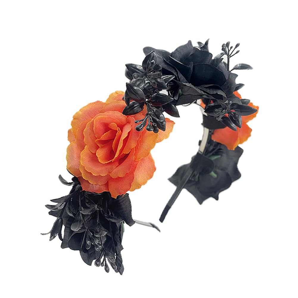 Lofruiin Women's Simulated Rose Flower Halloweeen Headband Personalized Spider Skull Cosplay Makeup Party Headwear (A- Black Orange, Free)