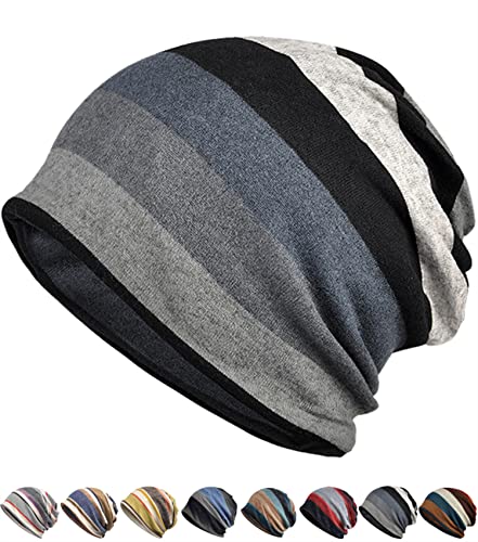 [SUBTRY] ニット帽 春 夏 秋 ストライプ ストレッチ 綿 3way 多機能 オシャレ ケア帽子 抗がん剤 医療用帽子 通気 吸汗 柔らかい 室内 自転車 外出用 防風 防塵 日よけ メンズ レディース 男女兼用#G1183(C.グレー)のサムネイル
