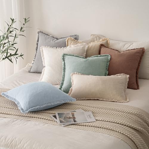 Image of MIULEE Decorative Throw Pillow Covers Neutral Linen Fringe Throw Pillows Set of 2 Sky Blue Boho Farmhouse Cushion Covers for Couch Sofa Bed Living Room Spring Home Decor 20x20 Inch