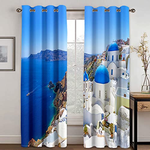 GDYRYD Cortinas Opacas Termicas Aislantes Frio Y Calor con Ojales 2 Piezas 110x210cm 3D Océano Azul Y Edificios Blancos Cortinas Opacas Dormitorio Salon Modernas Juvenil Cortinas Cocina Habitacion Ve