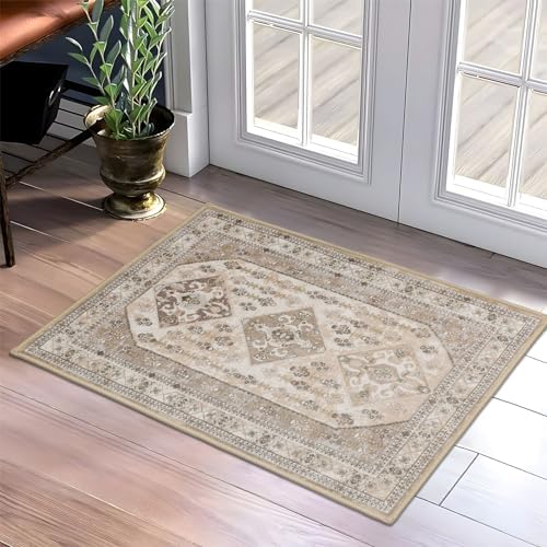 Rineflo-2'x3' Washable Indoor Doormat, Non-Slip Retro Door Mat ,Boho Mat Low-Pile Entryway Rug,Suitable for Bedroom, Study, Bathroom Entrance Carpet (Brown, 2'x3')
