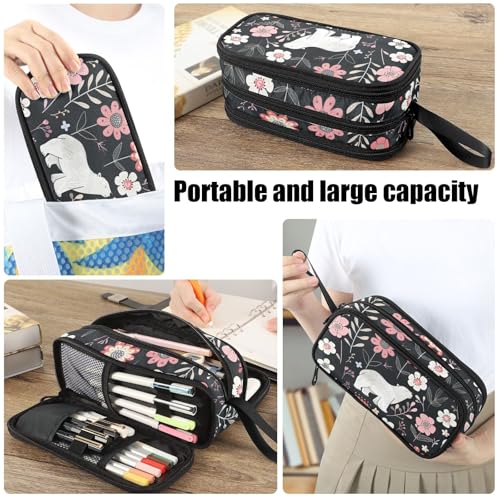 Image of Fustylead Cute White Polar Bears and Beautiful Flowers Pencil Pen Case Stationery Bag 3 Compartments School College Office Organizer Cosmetics Bag