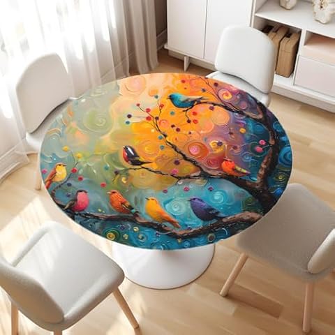 Pardick Colorful Spring Birds Round Fitted Tablecloth with Elastic 45" - 56" Fitted Table Cloth for Round Table Waterproof Wipeable Round Elastic Table Cloth Circular Table Cover for Home Kitchen Cover