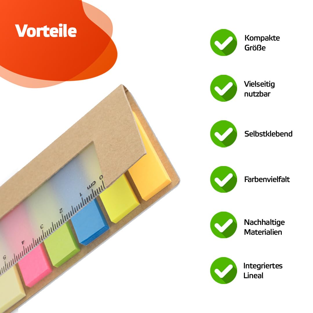 100x Haftnotizen-Set in Kartonhülle mit integriertem Lineal aus Kunststoff Rico | 5x25 Haftstreifen in Pfeilform und 2x25 Klebezettel groß | mehrfarbig | selbstklebend, beschreibbar | Sticky Notes