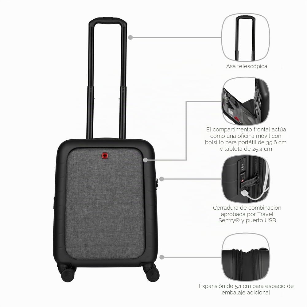 Wenger Syntry Equipaje Trolley de Mano, portátil de hasta 14", Tableta de hasta 10", 36 (44) l, Carcasa rígida, Mujer Hombre, Viaje de Negocios Vacaciones, Negro/Gris Jaspeado, 610163
