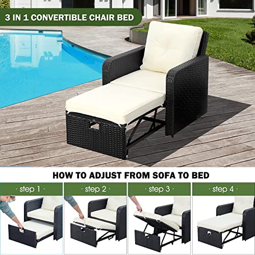 Senyun Wicker Patio Chair With Ottoman, Black Pe Rattan Single Sofa Convertible Couch Chair With Waterproof Thick Cushion, Easy Assemble Wicker Outdoor Furniture Sofa For Lawn Pool Garden Backyard #TOP2