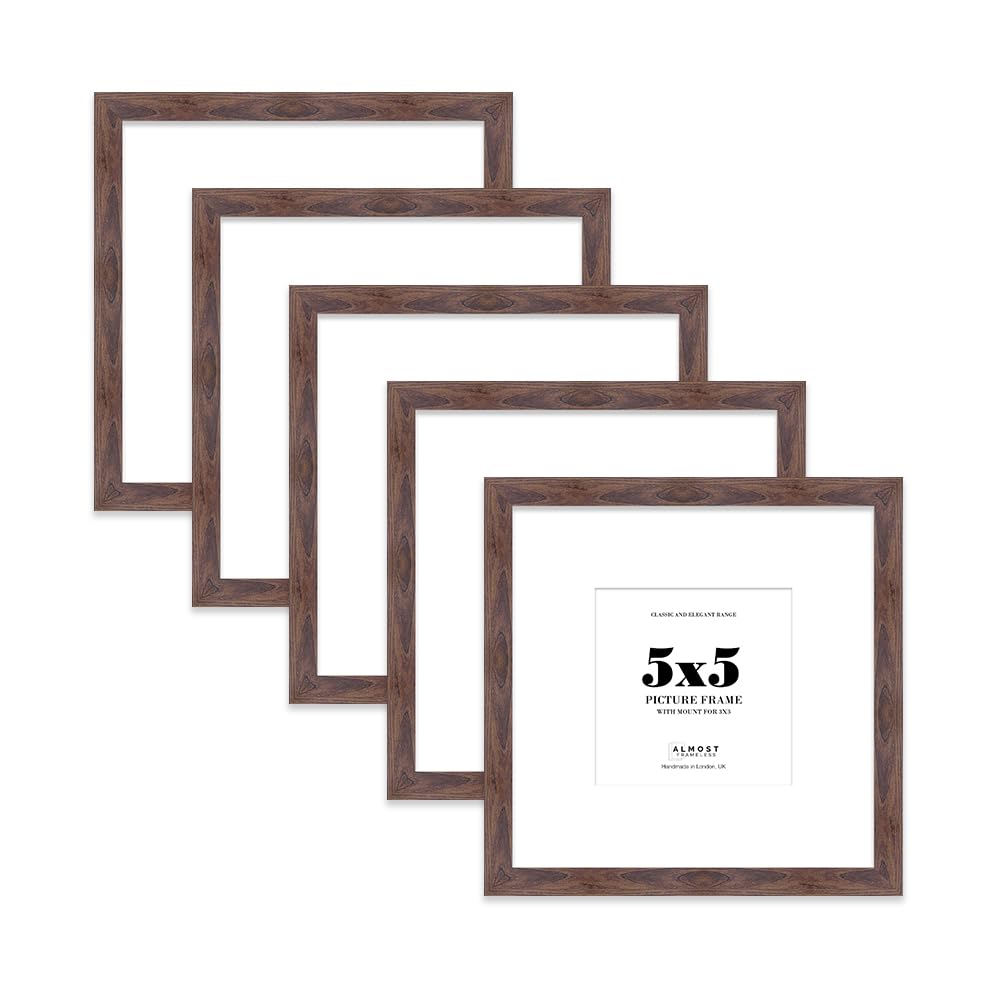 5x5 Walnut Picture Frame with Mount for 3x3 Photos, Prints - Modern Square Wall Frame, Set of 5