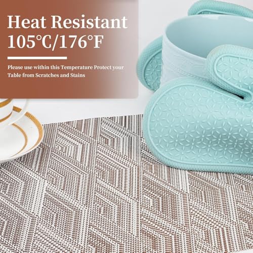 Image of YELONA Placemats for Dining Table - Heat Resistant, Non-Slip & Washable PVC Vinyl Table Mats - Set of 8, 45 x 30 cm (Camel White)