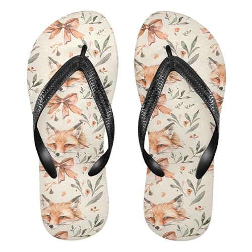 ALAZA Retro Fox Leaf Bow Flip Flops for Women Fashion Beach Slippers Comfort Mens Flip Flops Non-Slip Rubber Shower Slippers Sandal for Hotel Travel Sport,XS