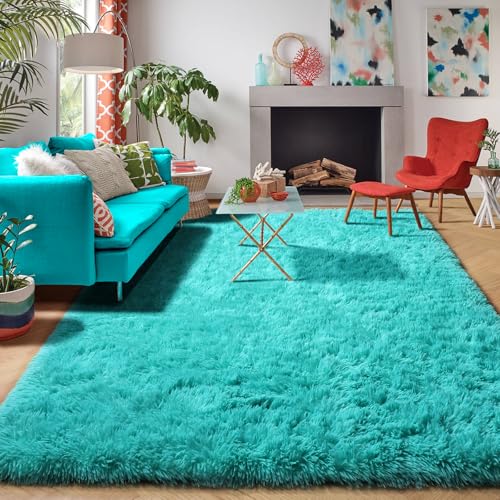 Amdrebio Blue Area Rugs for Bedroom, Fuzzy Fluffy Furry Rug 5x8 for Living Room, Cute Plush Shaggy Carpet for Kids Teen Girls Boys, Baby Light Turquoise Teal Rugs for Nursery Playroom Classroom Dorm