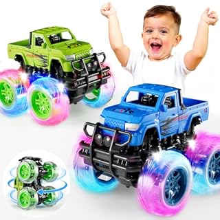 Winstico 2 Pack Monster Truck Light Up Toy Cars - Toys for 2 3 Year Old Boys Gifts - Pull Back Truck Cars for Toddler Boys Toys Age 2 3 4 5 - Birthday Gifts for 2-4 Year Old Boy