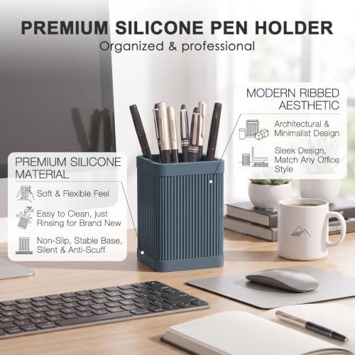 Image of HighHerz Aesthetic Pen Holder For Desk, Modern Silicone Pencil Holder, Stylish Office Desk Decor, Made of 5 mm Thickened Premium Silicone, Office Desk Organizer And Accessories (Dark Blue)