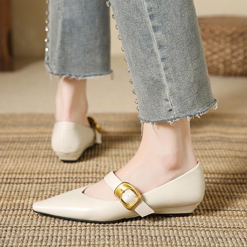 Women's Leather Closed Pointed Toe Mary Jane Flat Shoes Adjustable Buckle Slip On Comfortable Ballet Flats Casual Work Wedding Party Dress Shoes4