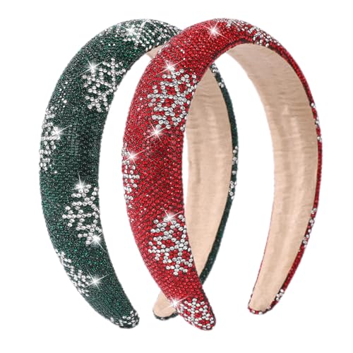 2 Pack Christmas Rhinestone Headbands for Women – Sparkling Snowflake Padded Hair Hoop in Red & Green, Wide Glitter Crystal Hair Accessories for Holiday Party & Winter Outfits
