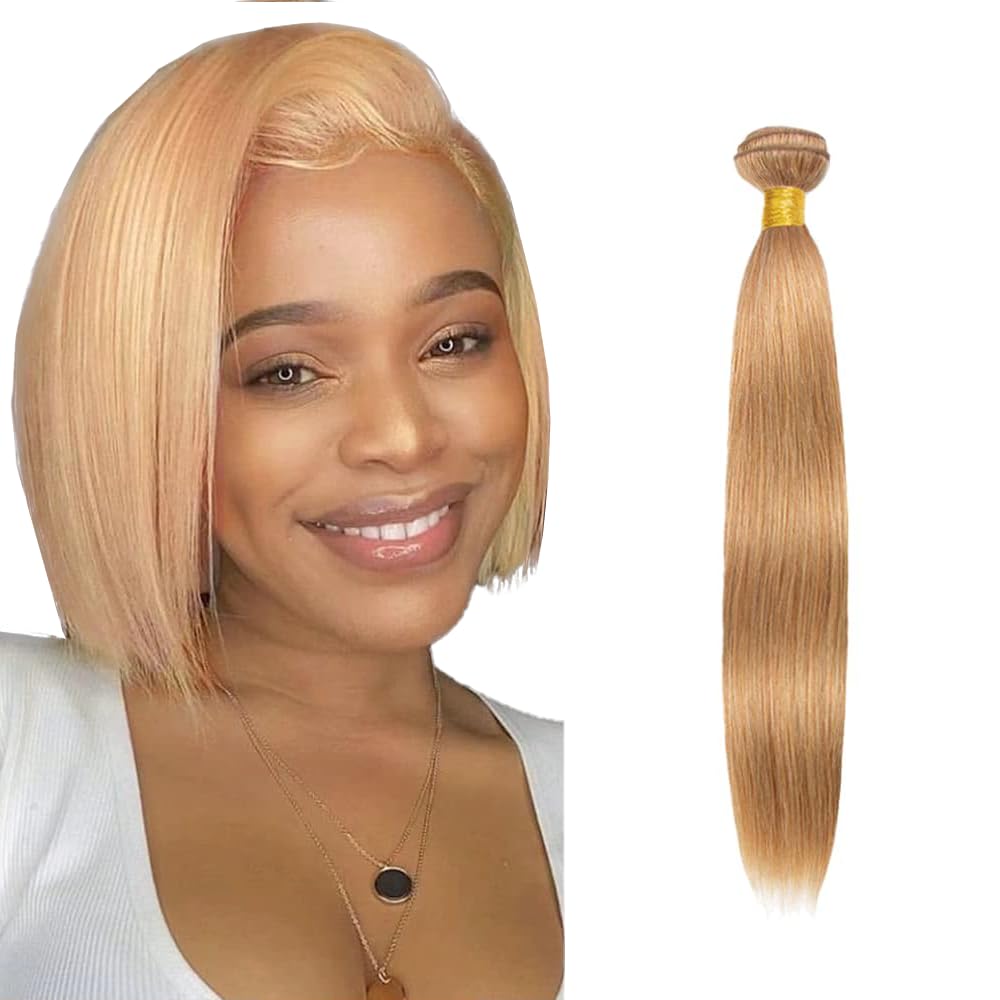 Color 27 Human Hair Bundles Blonde Straight Human Hair Bundles 14 inch Honey Blonde Human Hair 1 Bundle Double Weft Honey Blonde Straight Bundles