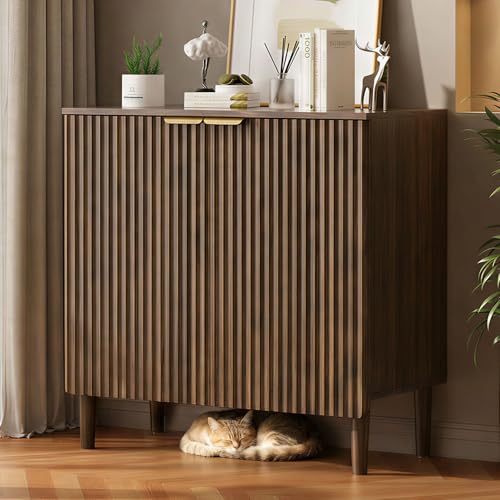 LOOMORA Sideboard Buffet Storage Cabinet - Wood Cabinets with Adjustable Shelves Fluted Doors Anti-Tip Console Table for Kitchen Dining Living Room or Entryway Hallway Easy Assembly Walnut