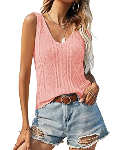 Image of Soulomelody Womens Summer V Neck Tops Knitted Sleeveless Tank Top Cable Knit Sweater Vest Casual Solid Tee Shirts