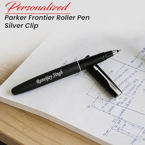 Image of SAVRI Personalized Parker Roller Pen with Name Engraved | Teacher's Day, Valentine's Day, Employee Corporate Gift | Matte Black Pen with Blue Refill | Customized, Printed, Name on It.