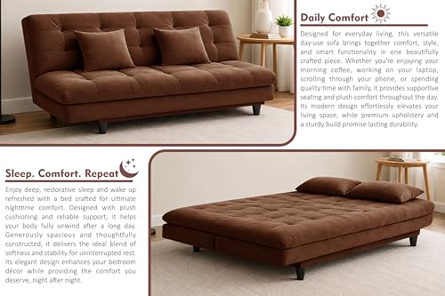 Image of Modern Convertible Three-Seater Futon Sofa Bed with Tufted Sleeper Couch Sofa with Adjustable Backrest- Living Room Furniture - Brown Color