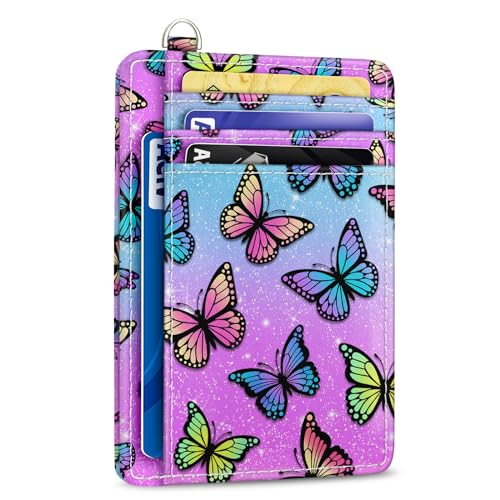 Image of Yonlevres Butterfly Credit Card Holder Slim RFID Wallet Women Small Travel | Front Pocket, Handy, RFID Blocking, Woman Girls Ladies Gifts, D-ring for Keychain,Thin Mini Card Case, ID Window, PU Leather