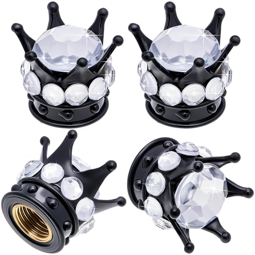 MEAJOO 4PCS Crown Bling Tire Stem Valve Caps, Crystal Diamond Car Wheel Tire Valve Caps Universal Copper Core Stem Covers for Cars, SUV, Trucks, Bikes, Motorcycles, Bicycles (Black & Silver)