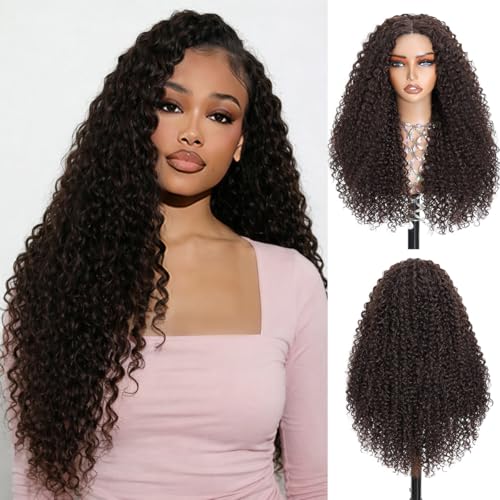 Brown Curly Wigs for Women 28 inch Long Curly Wig 100% Protein Silk Glueless Wig Synthetic Wig Upgraded with Premium Human-Hair-Like Feel Natural Looking Curly Hair Wig for Daily Party Use (Brown)