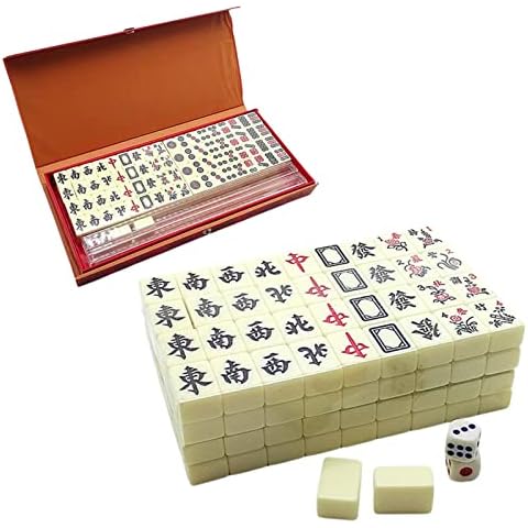 Majhong Spiel, Chinesisches Mahjong Spielset Set, Traditionelle Chinesische Mini Mahjong Version Mit 2 Ersatzkarten, 144 Mahjong Kachel Reise Brettspiel, Tragbare Klassische Mahjong Party Requisiten Cover