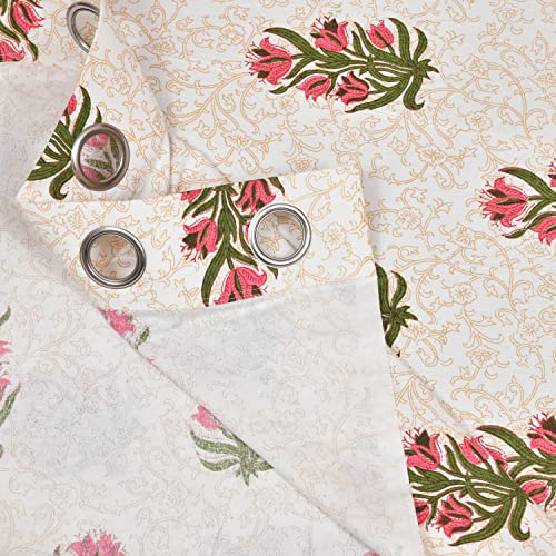 Image of BLOCKS OF INDIA Hand Block Printed Cotton Daylight Semi Sheer Curtains with Eyelets(Set of 2 Curtains) (Flower 3, 7 Feet /Door), Pink
