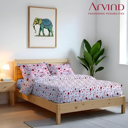 Image of Arvind Bedsheet Set - 100% Cotton Bedsheet for Double Bed (1 King Size Bedsheet with 2 Pillow Covers) Soft Breathable, 144 Thread Count - Slumber -Shade 7(21029-A) | Natural