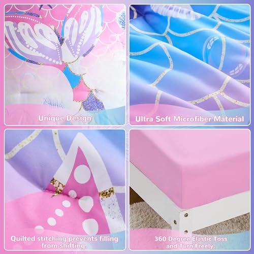 Image of VIVILINEN Mermaid Tail Toddler Bedding Set for Girls, 4 Piece Glitter Toddler Bed Sheets with Boho Toddler Comforter, Fitted Sheet, Flat Sheet and Pillowcase, Pink Blue