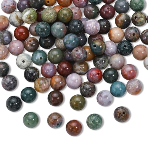 100 piezas de perlas de ágata india de 8 mm – Perlas de piedra natural redondas con orificio, piedras preciosas multicolores para enhebrar – Para pulsera DIY, collar y fabricación de joyas (ágata