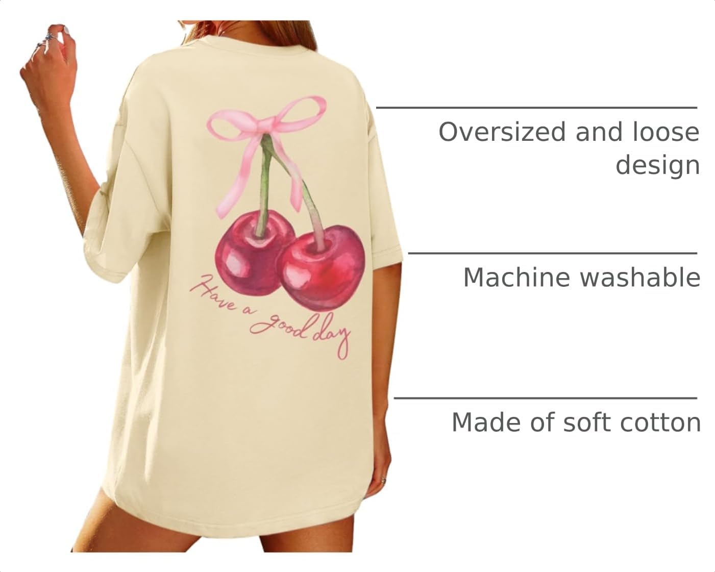 BINTEHGS Oversized Graphic Tees for Women Trendy Cherry Printed Shirt Cute Summer Aesthetic Cotton Tshirts Tops for Teens image 4